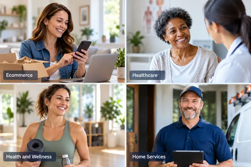Customers in eCommerce, healthcare, health and wellness, and home services being helped in their preferred channel