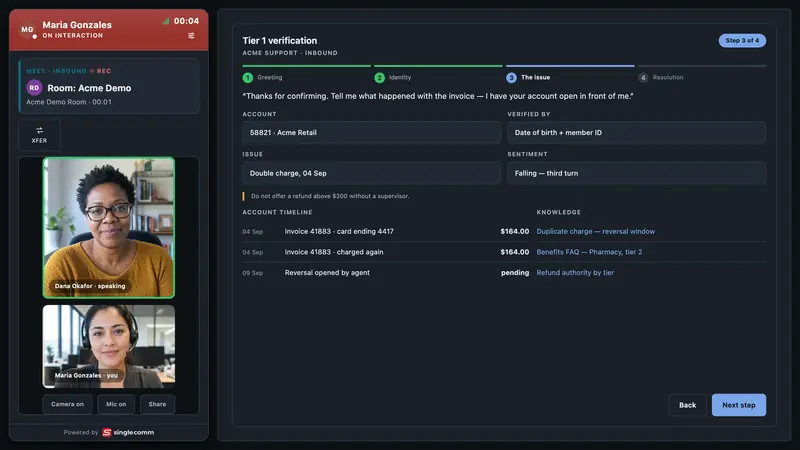 Live agent on a video call with a customer, guided by a scripted verification flow with account timeline and knowledge articles